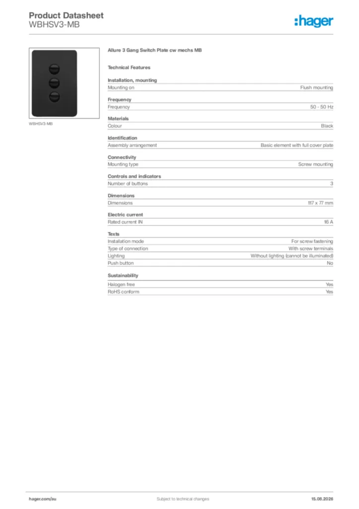 Image Hager Product data sheet WBHSV3-MB  | Hager Australia