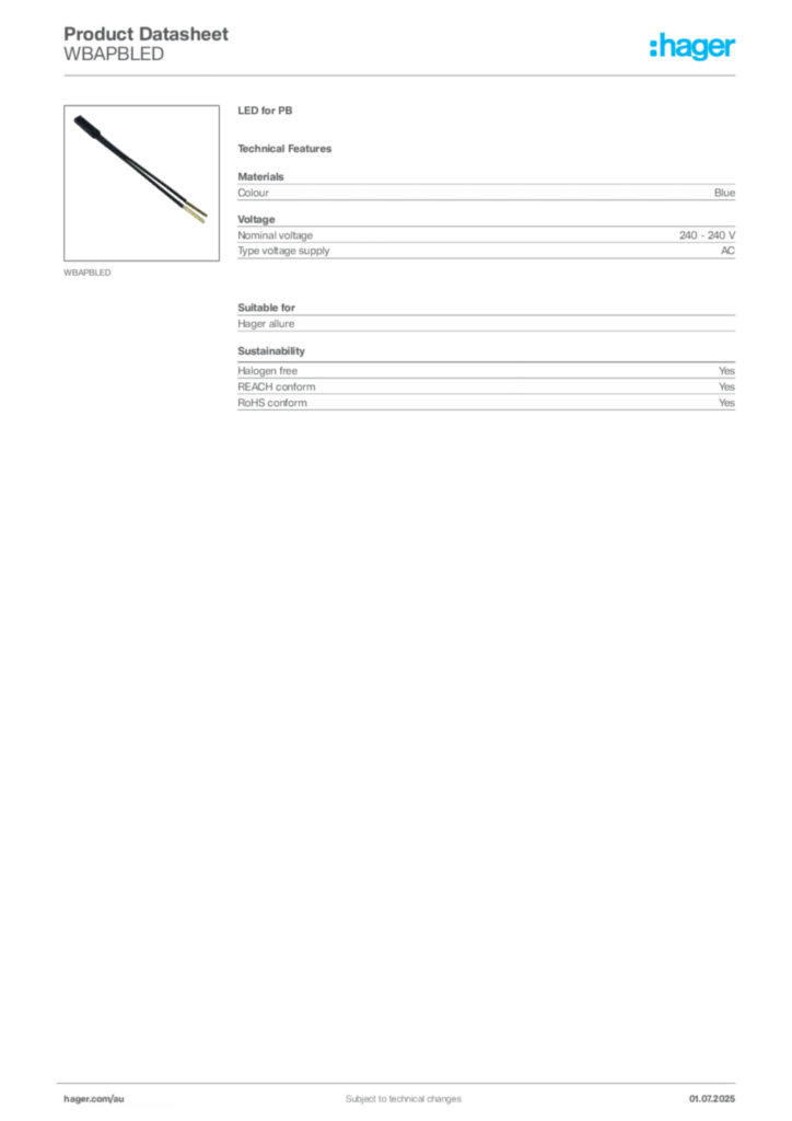 Image Hager Product data sheet WBAPBLED  | Hager Australia