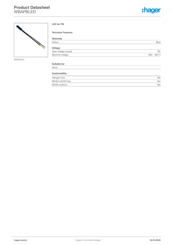 Image Hager Product data sheet WBAPBLED  | Hager New Zealand