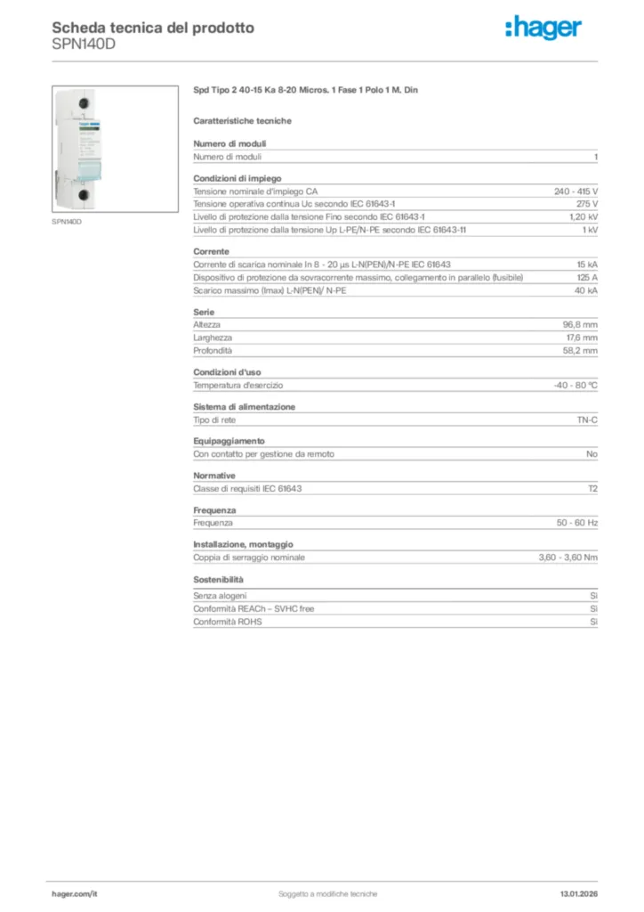 Immagine Hager Scheda tecnica del prodotto SPN140D | Hager Italia