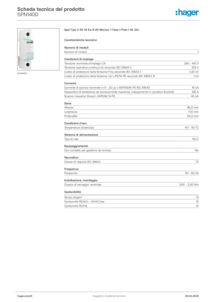 Immagine Hager Scheda tecnica del prodotto SPN140D | Hager Italia