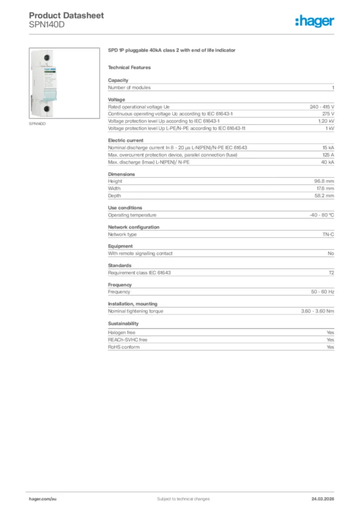 Image Hager Product data sheet SPN140D  | Hager Australia