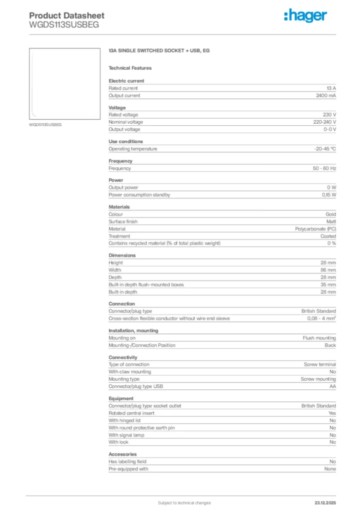 Image Hager Product data sheet WGDS113SUSBEG  | Hager