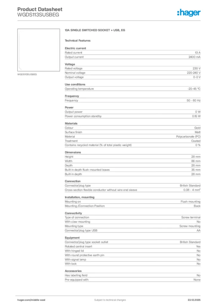 Image Hager Product data sheet WGDS113SUSBEG  | Hager