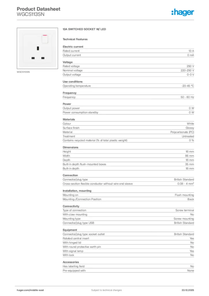 Image Hager Product data sheet WGCS113SN  | Hager