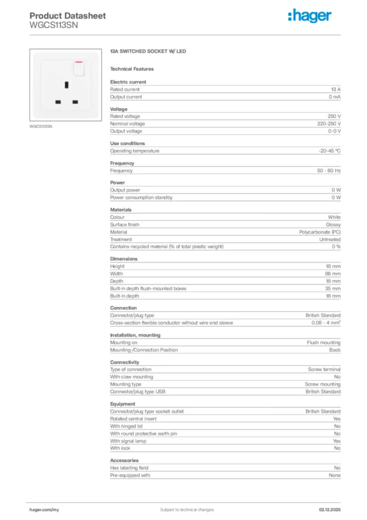 Image Hager Product data sheet WGCS113SN  | Hager