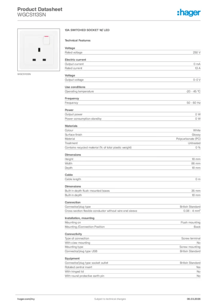 Image Hager Product data sheet WGCS113SN  | Hager