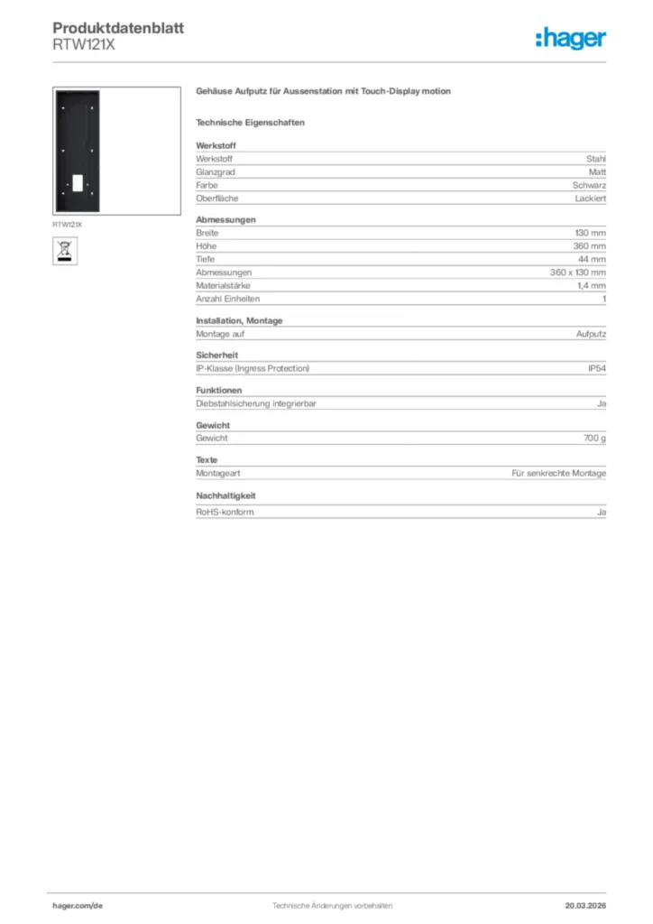 Bild Hager Produktdatenblatt RTW121X | Hager Deutschland
