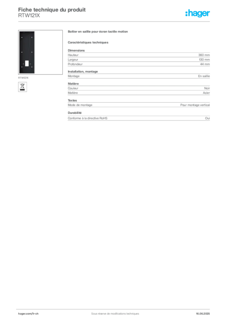 Image Hager Fiche technique du produit RTW121X | Hager Suisse
