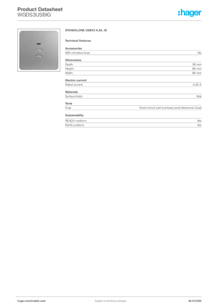 Image Hager Product data sheet WGDS3USBIG  | Hager