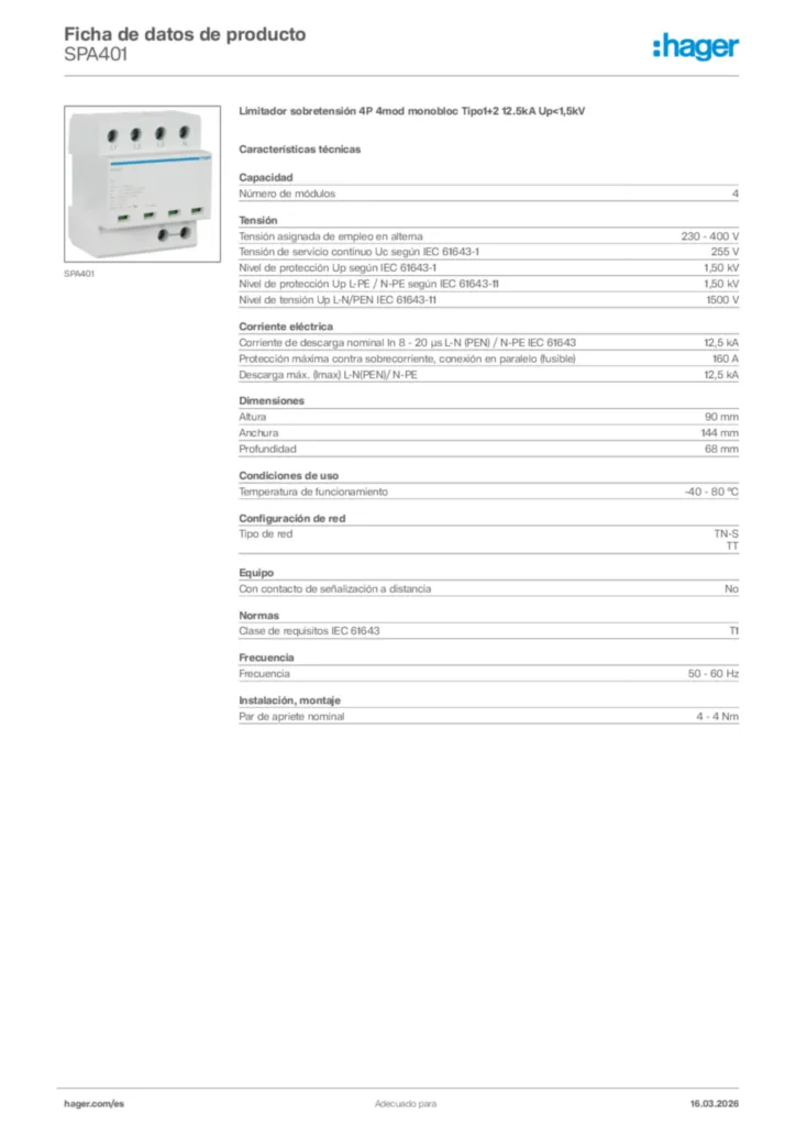 Imagen Hager Ficha de datos de producto SPA401 | Hager España