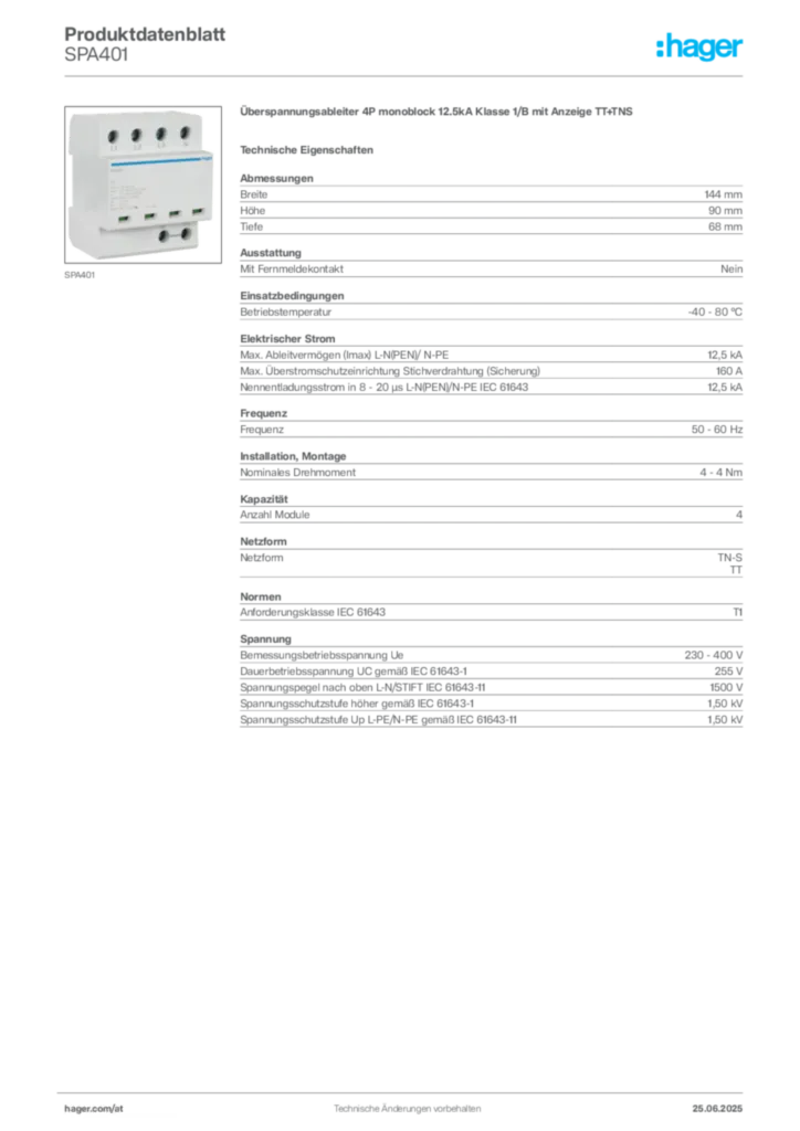 Bild Hager Produktdatenblatt SPA401 | Hager Deutschland