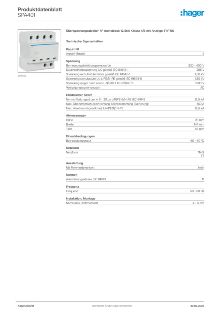 Bild Hager Produktdatenblatt SPA401 | Hager Deutschland