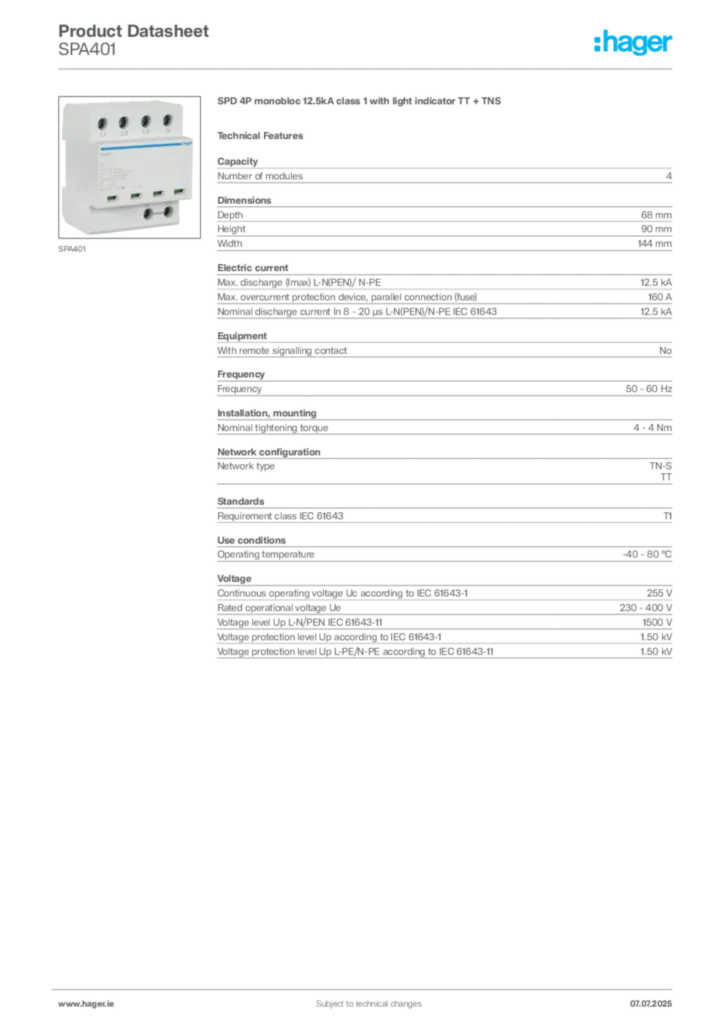 Image Hager Product data sheet SPA401  | Hager