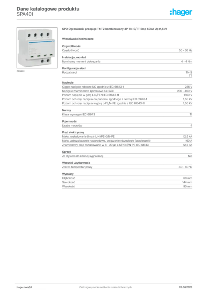 Zdjęcie Hager Dane katalogowe produktu SPA401 | Hager Polska
