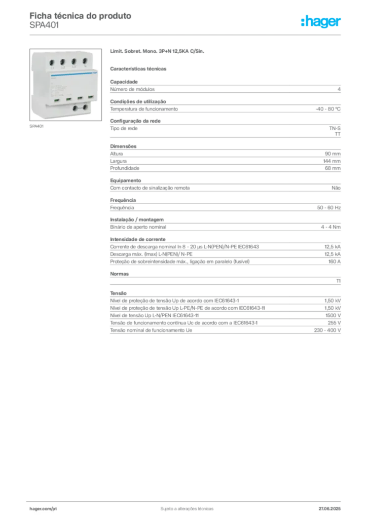 Imagem Hager Ficha técnica do produto SPA401 | Hager Portugal