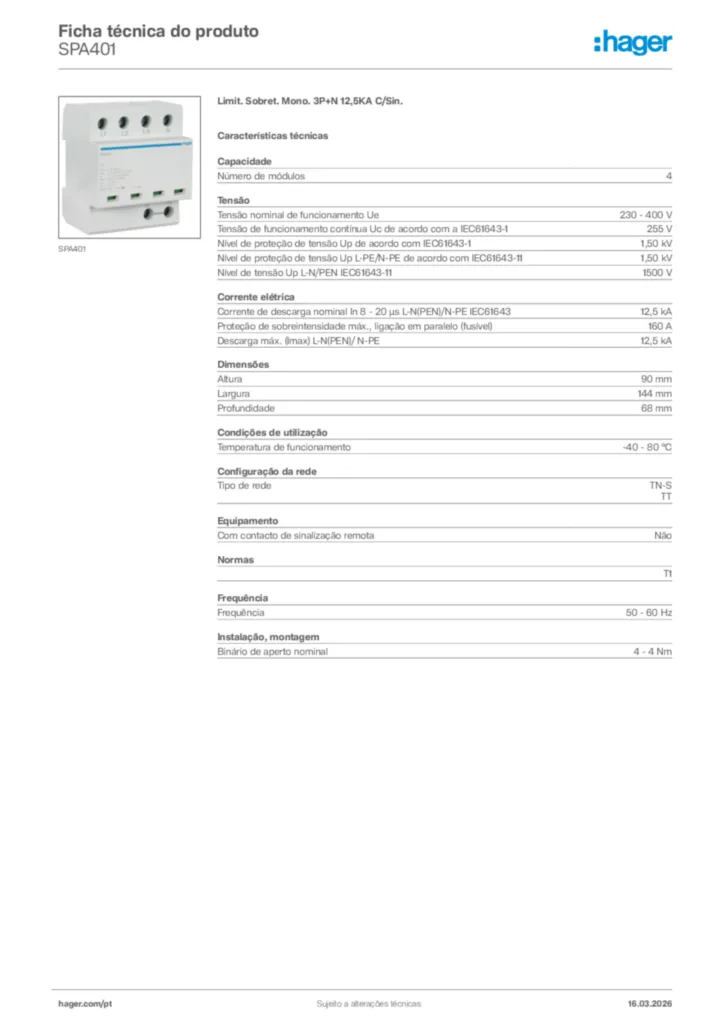 Imagem Hager Ficha técnica do produto SPA401 | Hager Portugal