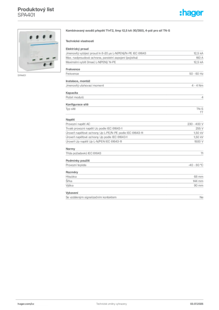 Obrázek Hager Product data sheet SPA401 | Hager