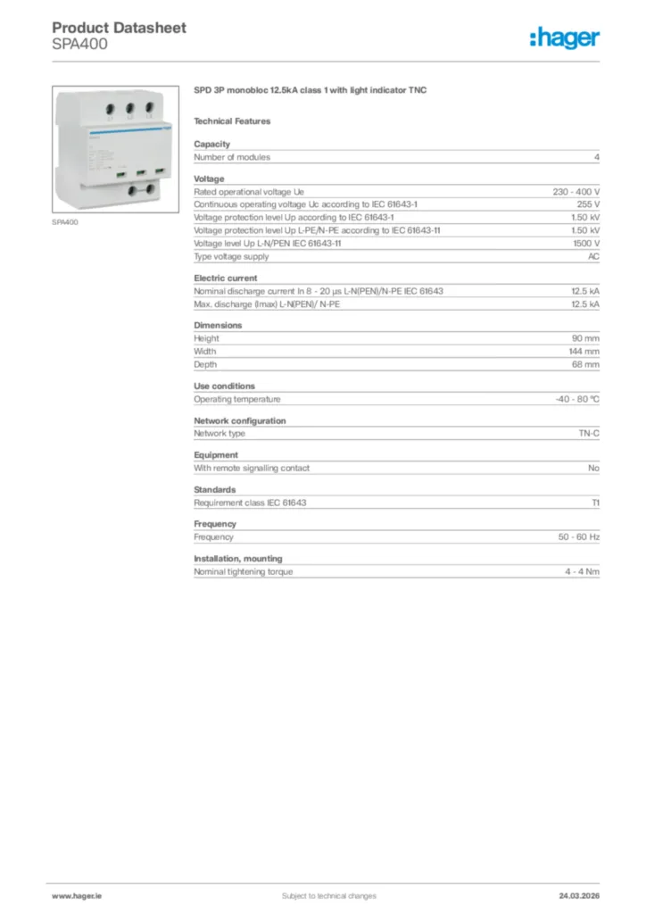 Image Hager Product data sheet SPA400  | Hager