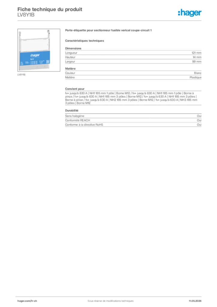 Image Hager Fiche technique du produit LV8Y1B | Hager Suisse