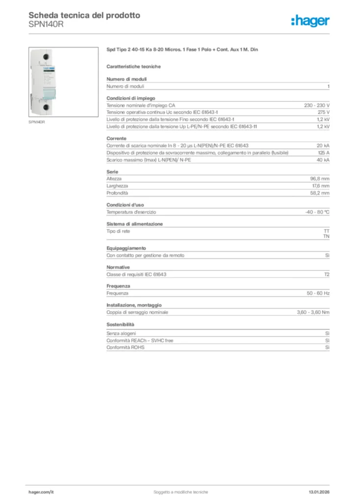 Immagine Hager Scheda tecnica del prodotto SPN140R | Hager Italia