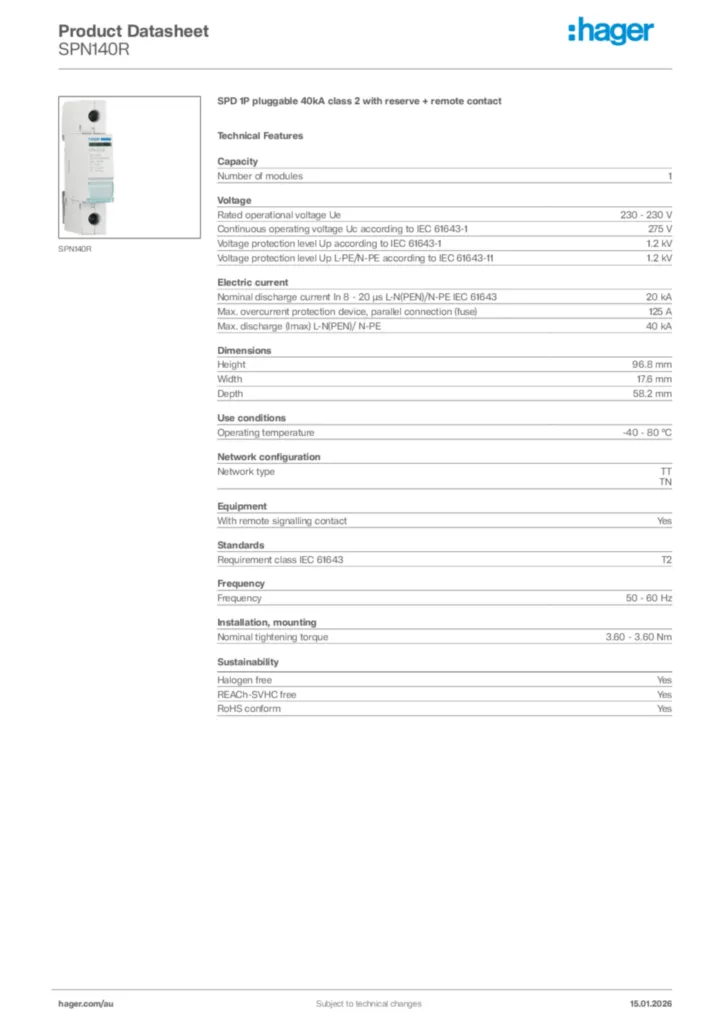 Image Hager Product data sheet SPN140R  | Hager Australia