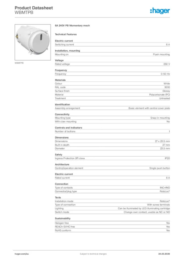 Image Hager Product data sheet WBMTPB  | Hager Australia