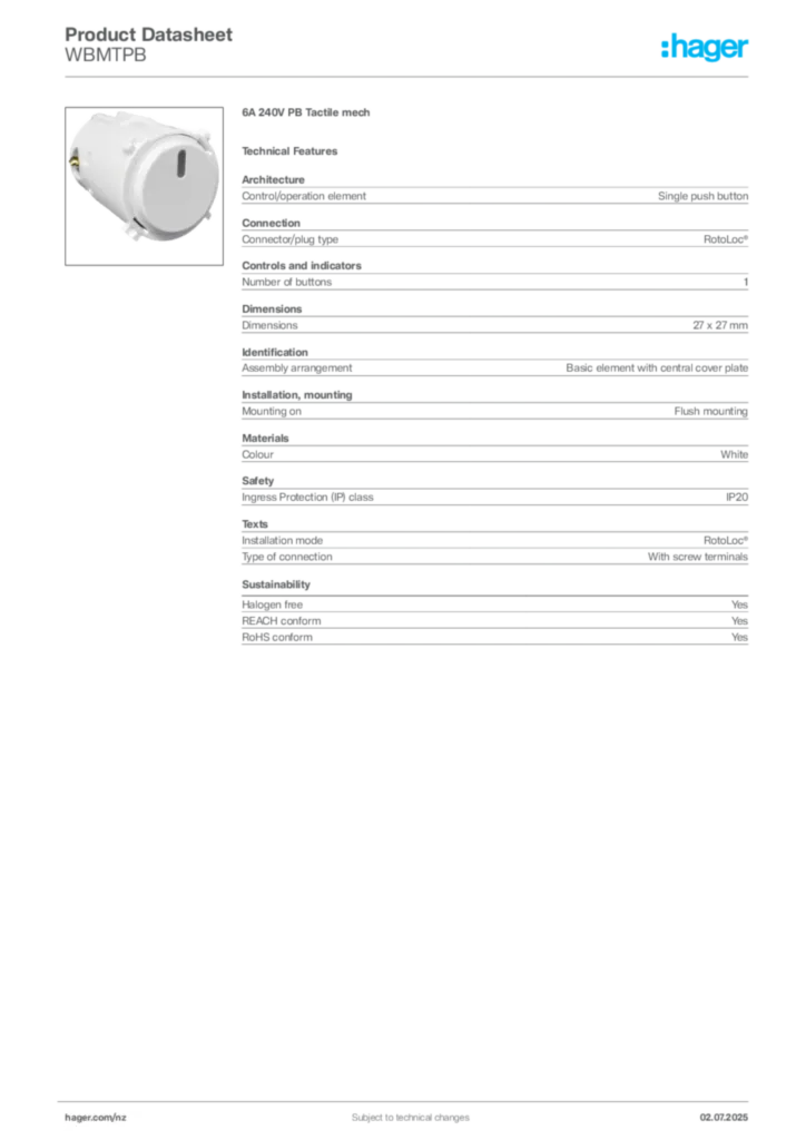 Image Hager Product data sheet WBMTPB  | Hager New Zealand