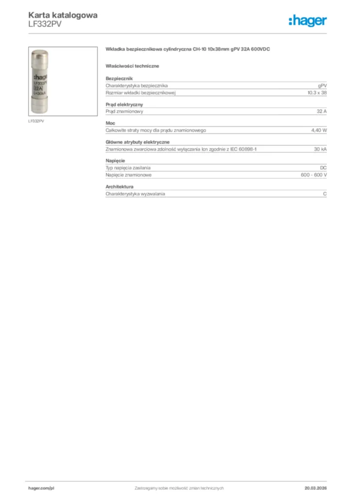 Zdjęcie Hager Karta katalogowa LF332PV | Hager Polska