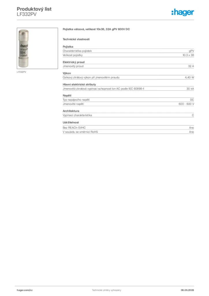 Obrázek Hager Product data sheet LF332PV | Hager