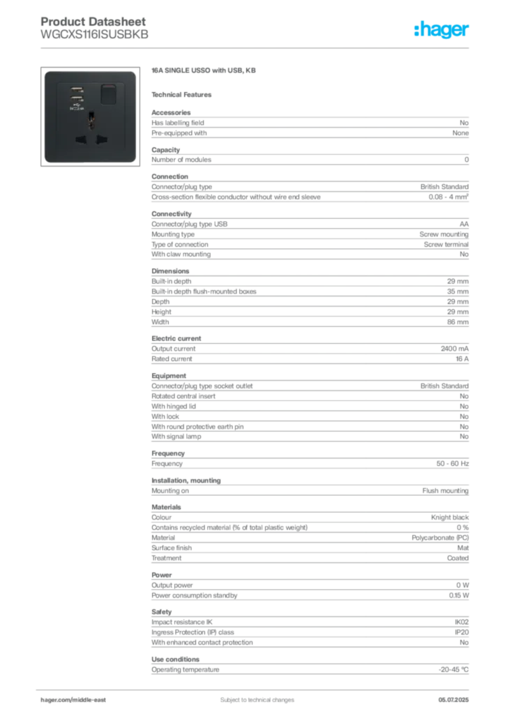 Image Hager Product data sheet WGCXS116ISUSBKB  | Hager