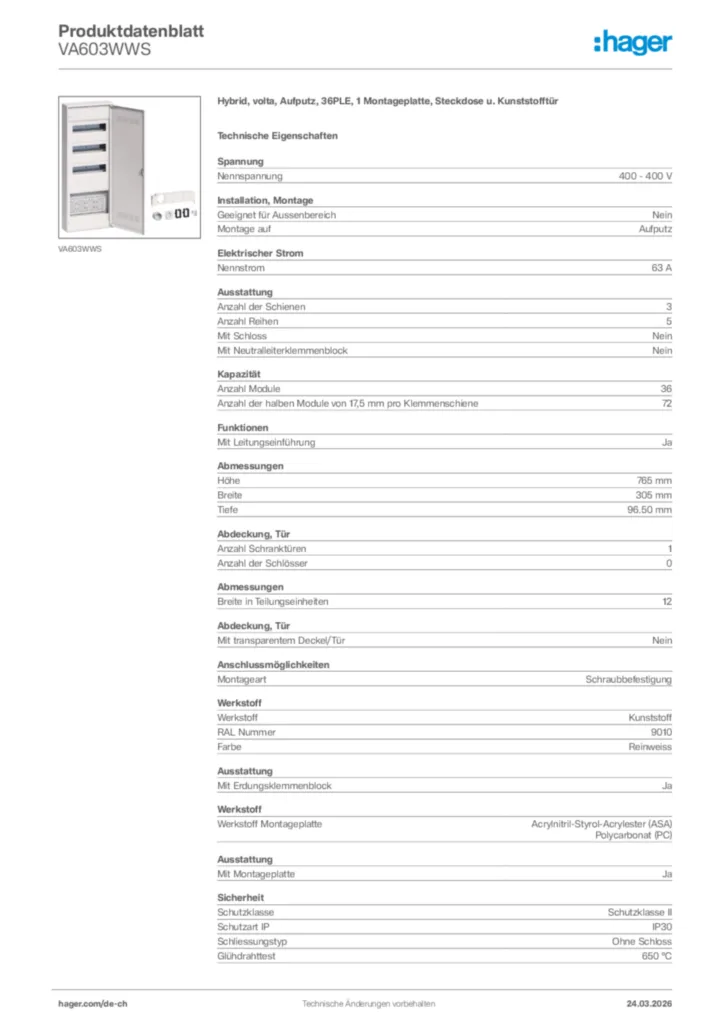Bild Hager Produktdatenblatt VA603WWS | Hager Schweiz