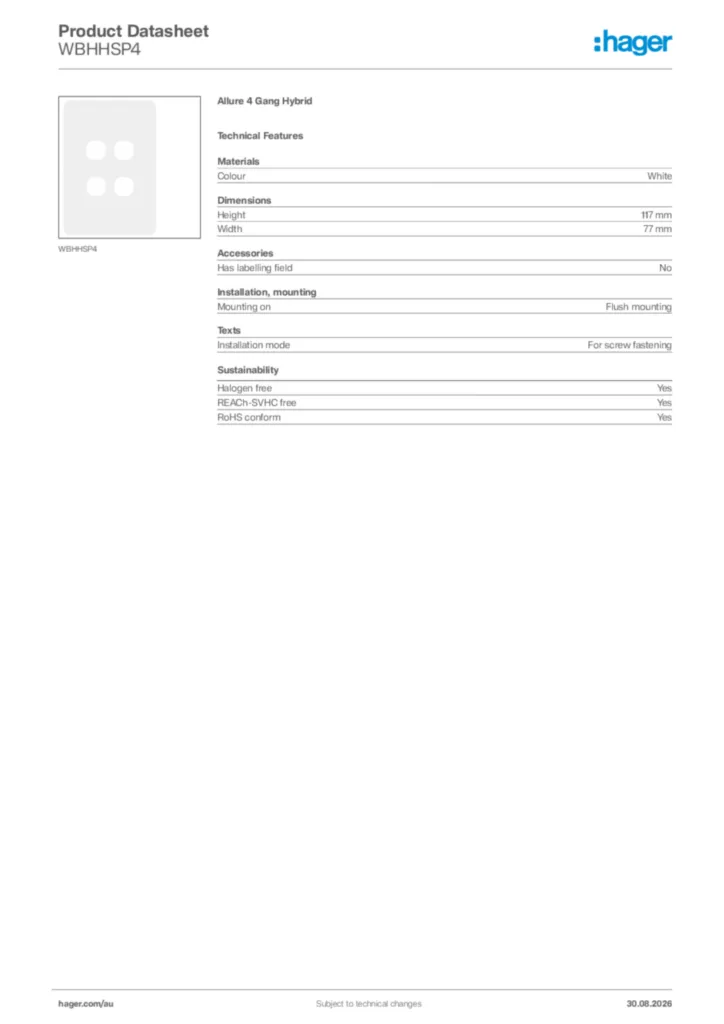 Image Hager Product data sheet WBHHSP4  | Hager Australia