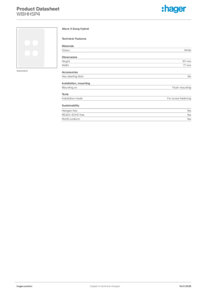 Image Hager Product data sheet WBHHSP4  | Hager New Zealand