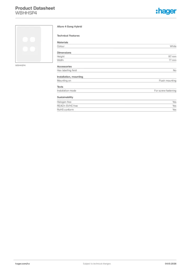 Image Hager Product data sheet WBHHSP4  | Hager New Zealand