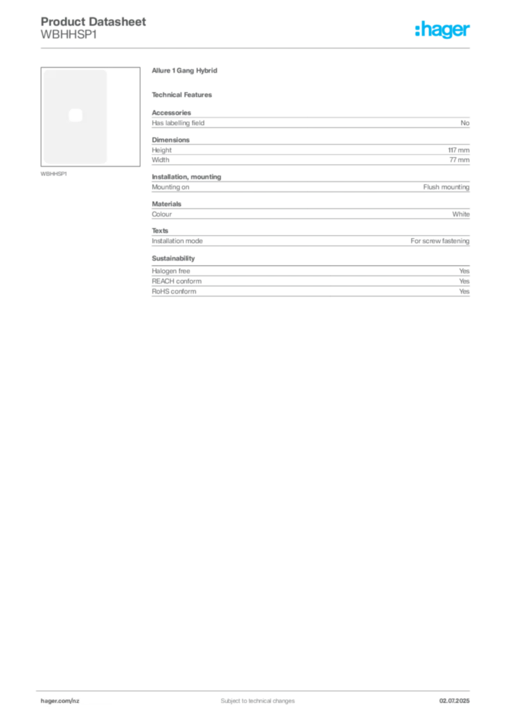 Image Hager Product data sheet WBHHSP1  | Hager New Zealand