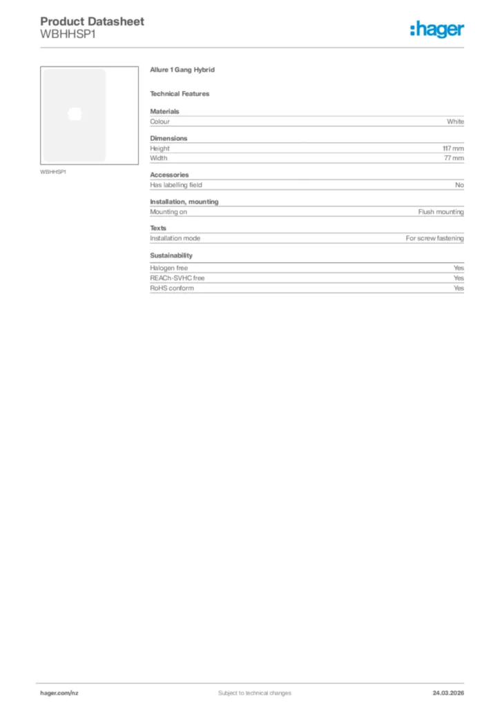 Image Hager Product data sheet WBHHSP1  | Hager New Zealand