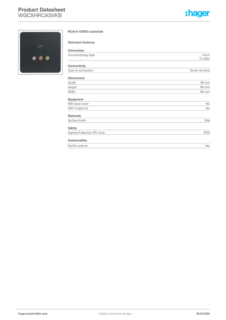 Image Hager Product data sheet WGCXHRCASVKB  | Hager