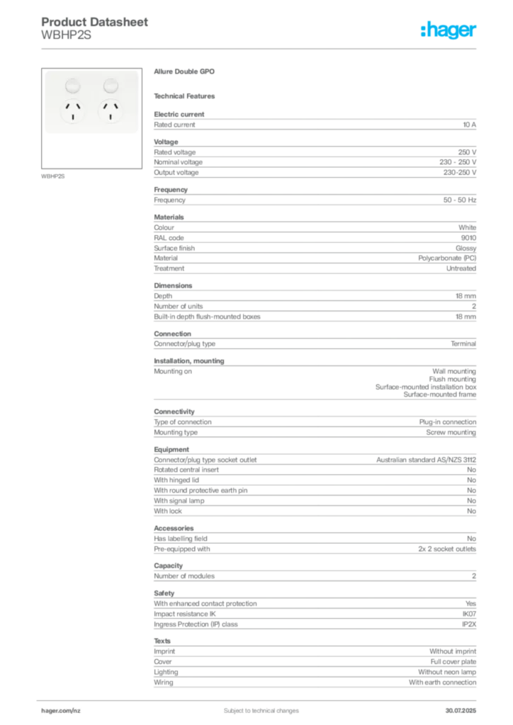 Image Hager Product data sheet WBHP2S  | Hager New Zealand
