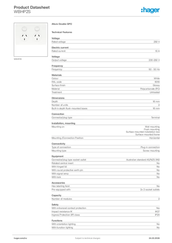 Image Hager Product data sheet WBHP2S  | Hager New Zealand
