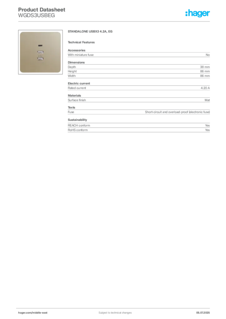 Image Hager Product data sheet WGDS3USBEG  | Hager
