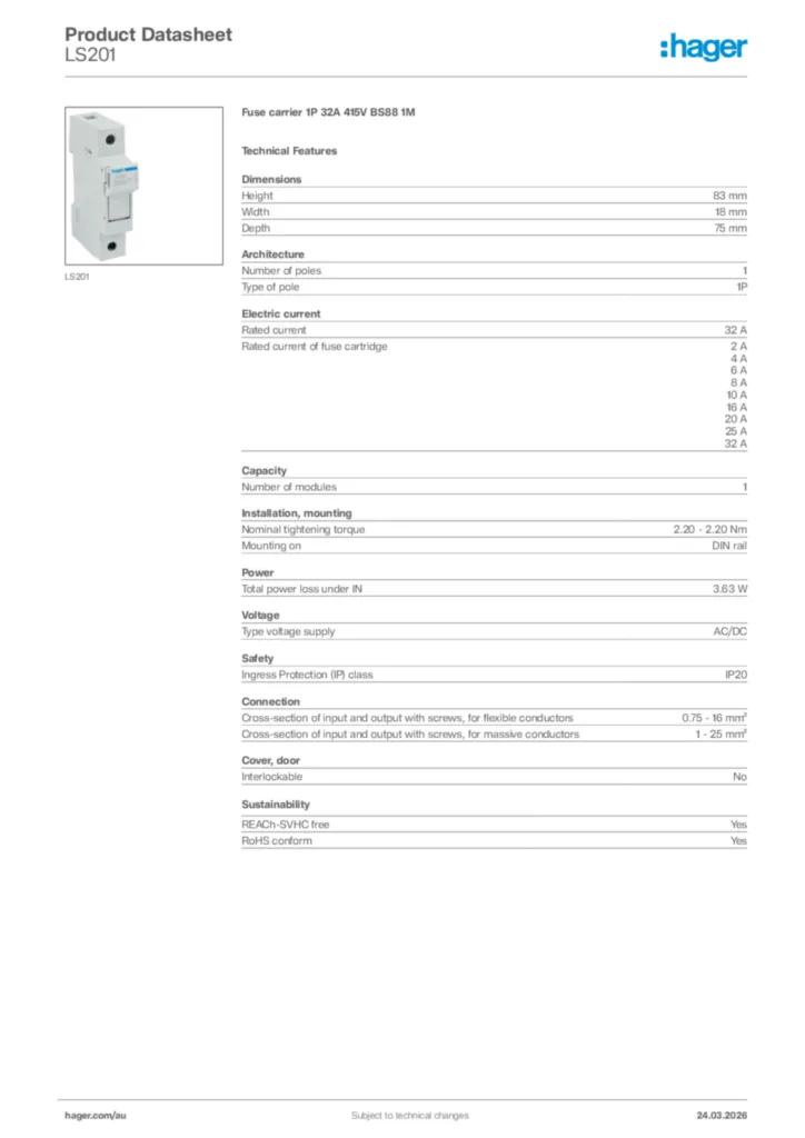 Image Hager Product data sheet LS201  | Hager Australia