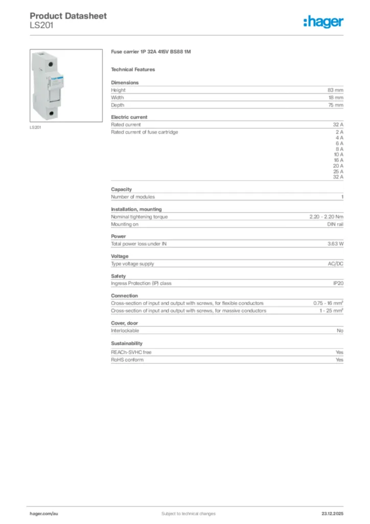 Image Hager Product data sheet LS201  | Hager Australia