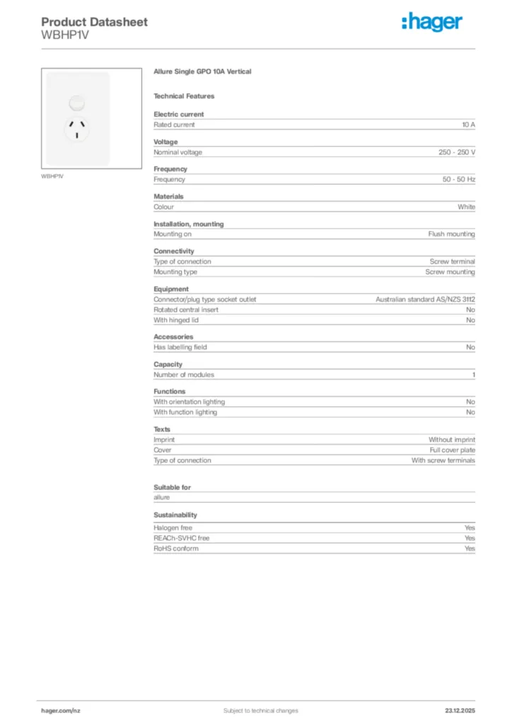 Image Hager Product data sheet WBHP1V  | Hager New Zealand