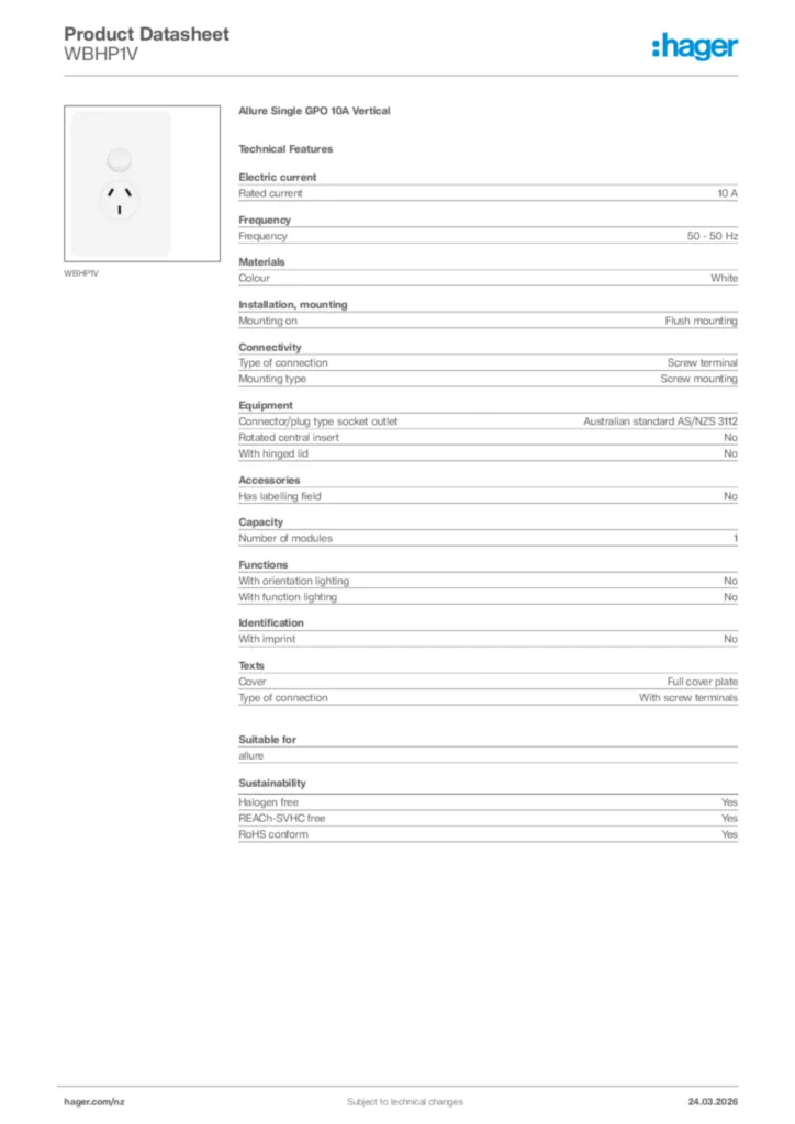 Image Hager Product data sheet WBHP1V  | Hager New Zealand