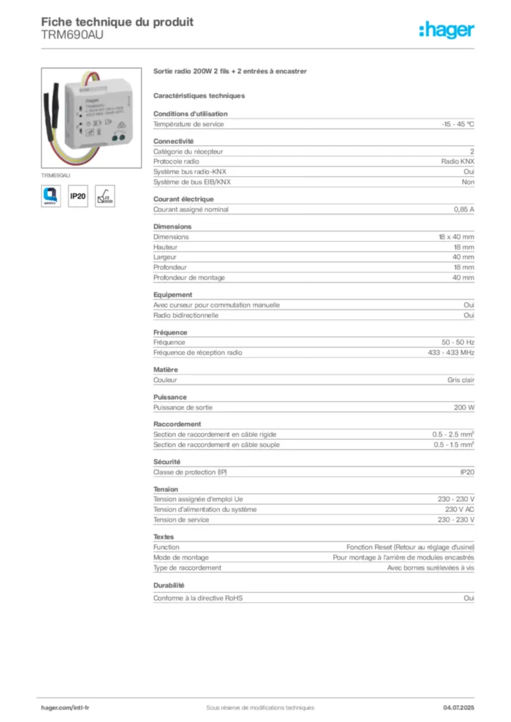 Image Hager Fiche technique du produit TRM690AU | Hager Afrique