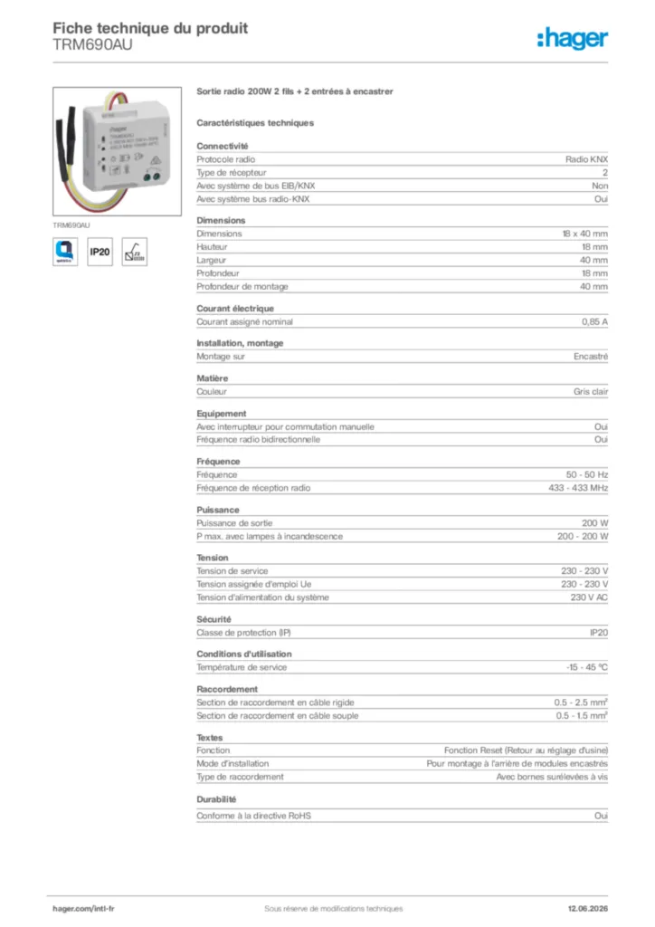 Image Hager Fiche technique du produit TRM690AU | Hager Afrique