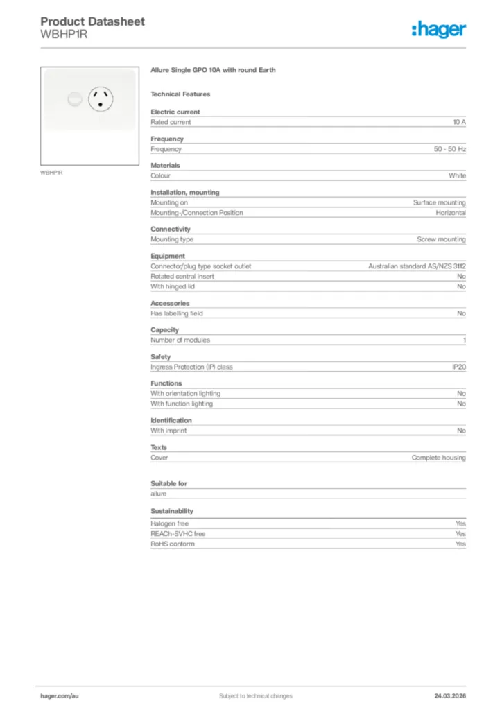 Image Hager Product data sheet WBHP1R  | Hager Australia