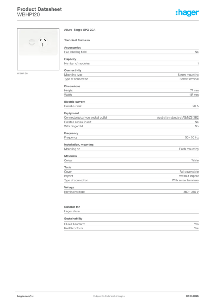 Image Hager Product data sheet WBHP120  | Hager New Zealand