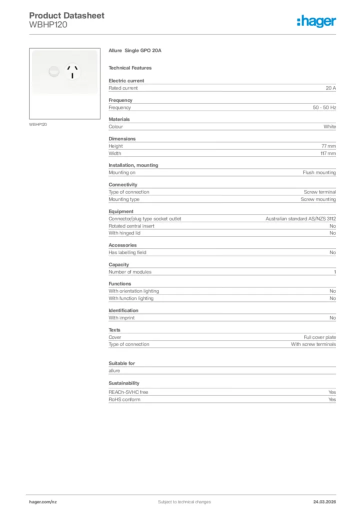 Image Hager Product data sheet WBHP120  | Hager New Zealand